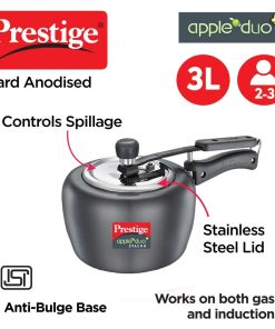 Prestige  20263 3 Litres Apple DUO Plus Hard Anodised Induction Base Inner Lid Pressure Cooker  Stainless Steel Deep Lid with Metallic Safety Plug